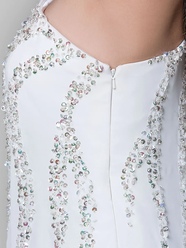 Sparkle White Wedding Guest Cocktail Party Dress One Shoulder Sleeveless Knee Length Chiffon