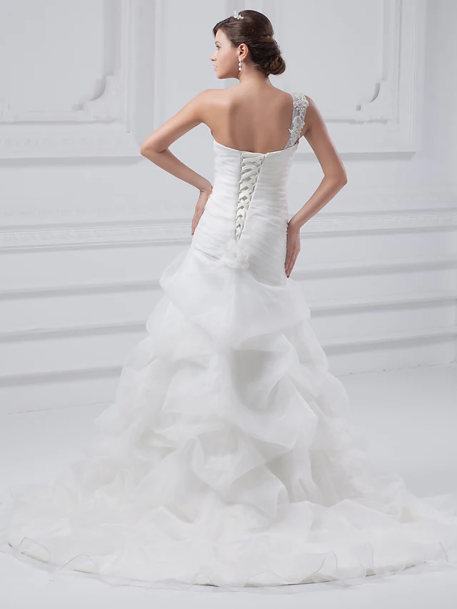 A-Line Wedding Dresses One Shoulder Court Train Organza Satin Spaghetti Strap with Pick Up Skirt Ruched