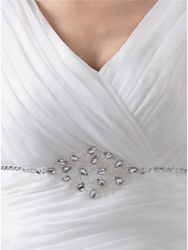 Wedding Dresses V Neck Chapel Train Organza Regular Straps with Ruched Beading Cascading