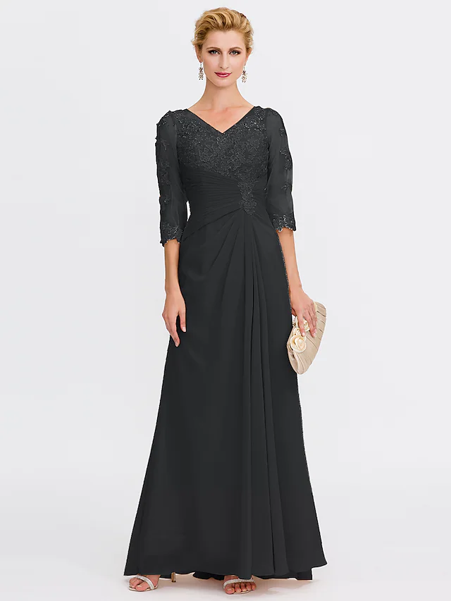 Mother of the Bride Dress Elegant See Through V Neck Floor Length Chiffon Sheer Lace Half Sleeve