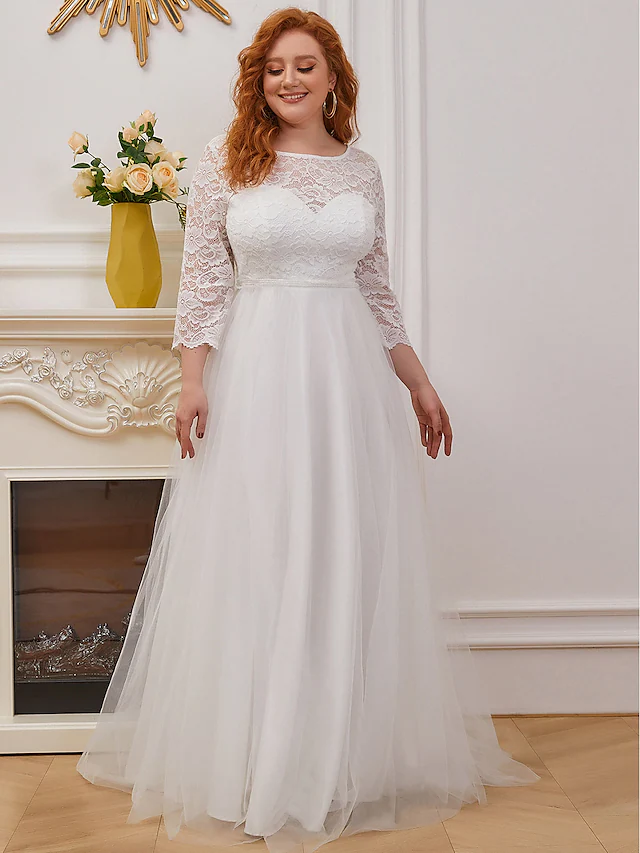 A-Line Wedding Dresses Jewel Neck Floor Length Lace Tulle Sleeveless Romantic with Cascading