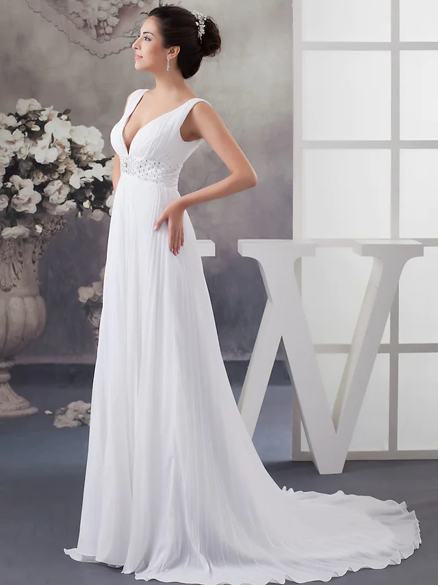 A-Line Wedding Dresses V Neck Chapel Train Chiffon Satin Regular Straps with Crystals Beading