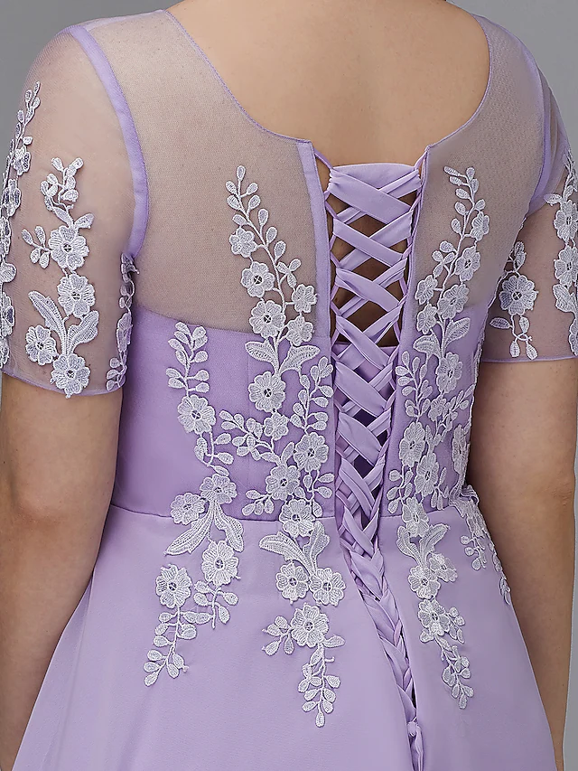 A-Line Plus Size Homecoming Cocktail Party Dress Illusion Neck Short Sleeve Knee Length Chiffon Lace