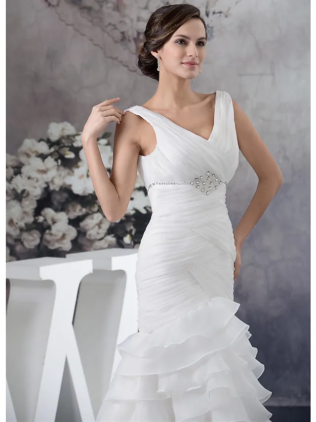 Wedding Dresses V Neck Chapel Train Organza Regular Straps with Ruched Beading Cascading