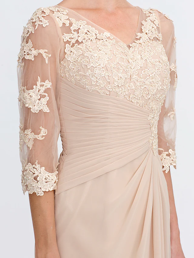 Mother of the Bride Dress Elegant See Through V Neck Floor Length Chiffon Sheer Lace Half Sleeve
