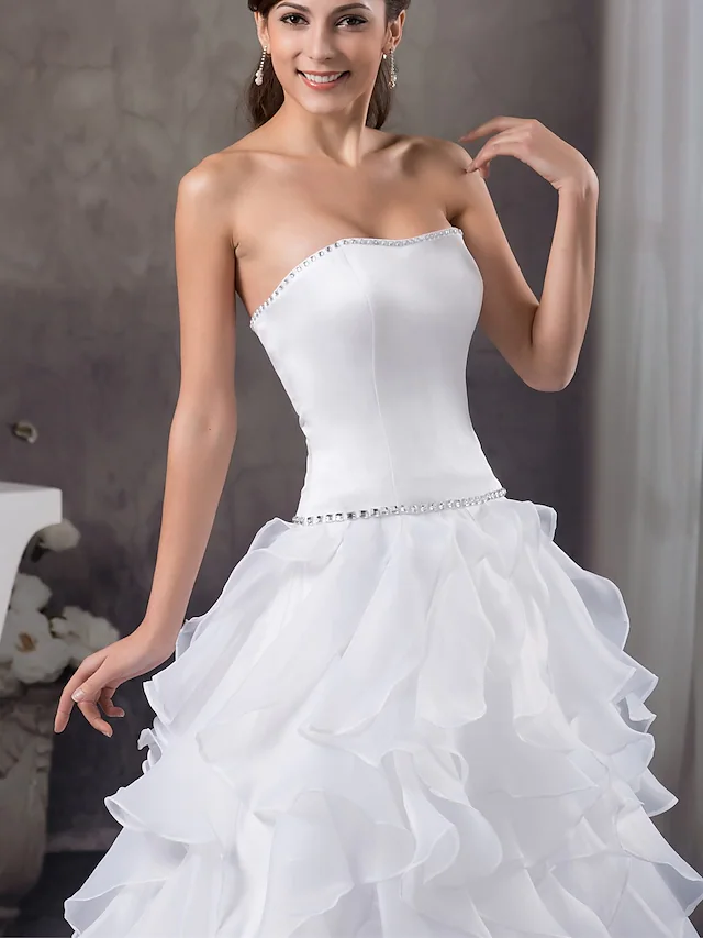 A-Line Wedding Dresses Strapless Court Train Organza Satin Strapless with Beading Cascading