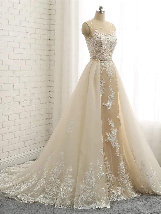 Wedding Dresses Jewel Neck Chapel Train Lace Tulle Lace Over Satin Regular Straps Formal See-Through with Sashes Ribbons Pearls