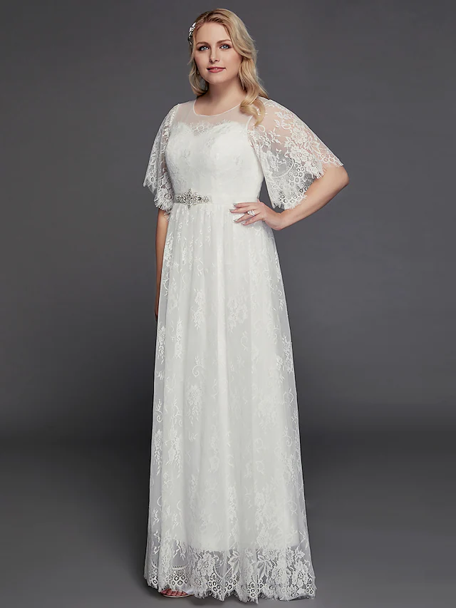 A-Line Wedding Dresses Illusion Neck Jewel Neck Floor Length Lace Tulle Half Sleeve Formal Boho Little White Dress See-Through with Beading Lace