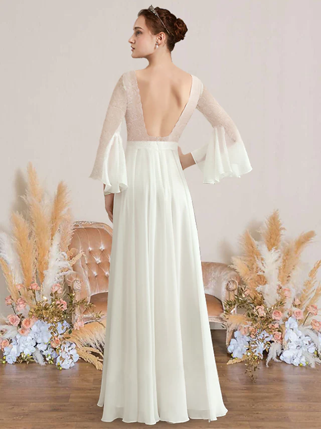 A-Line Wedding Dresses V Neck Floor Length Chiffon Lace Long Sleeve Romantic