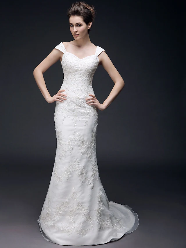 Long Wedding Dresses Sweetheart Neckline Off Shoulder Organza Satin Short Sleeve
