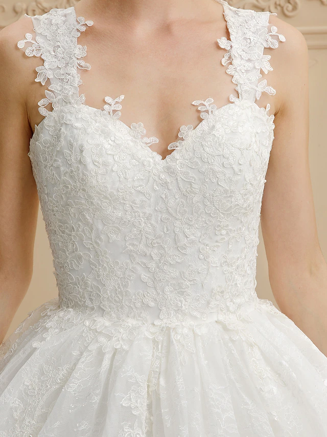 Ball Gown Wedding Dresses Sweetheart Neckline Tulle All Over Lace Regular Straps Glamorous Illusion Detail