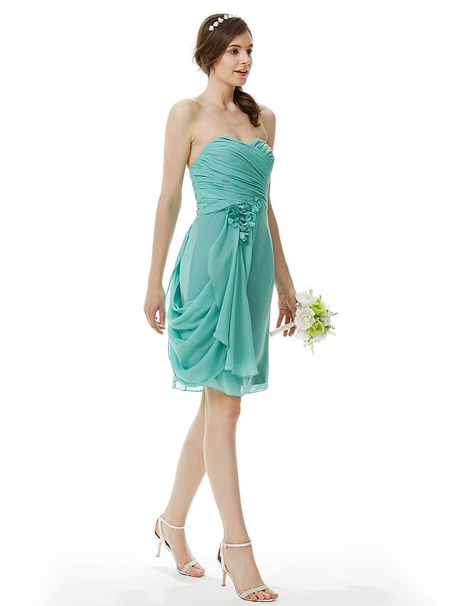 Sweetheart Neckline Strapless Knee Length Chiffon Bridesmaid Dress with Criss Cross Side Draping Flower Pure Color