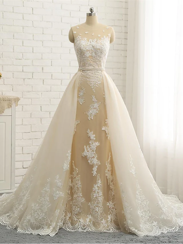 Wedding Dresses Jewel Neck Chapel Train Lace Tulle Lace Over Satin Regular Straps Formal See-Through with Sashes Ribbons Pearls