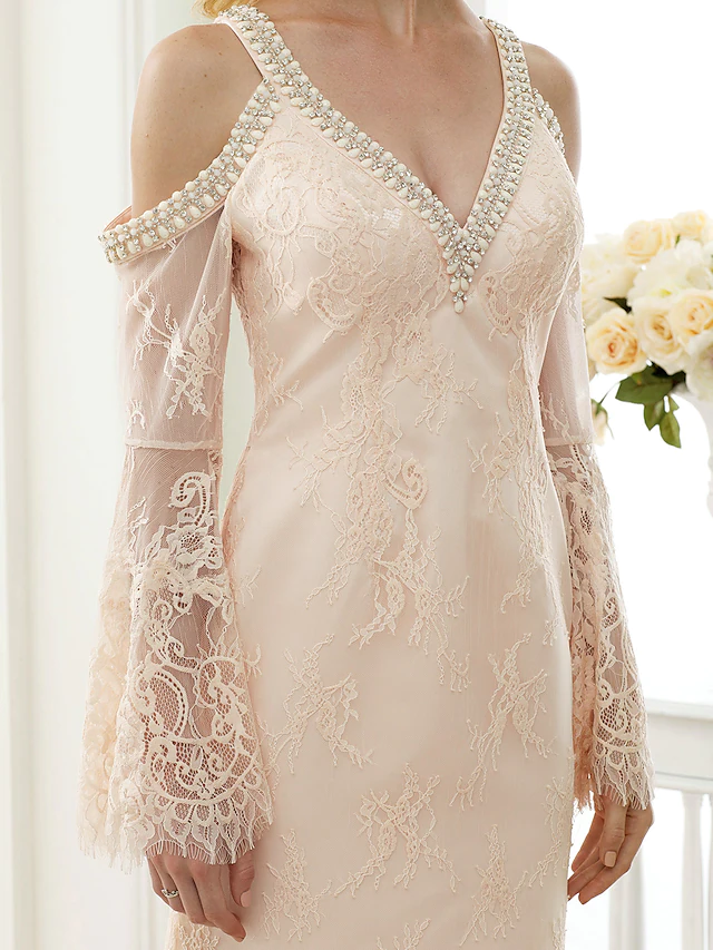 Wedding Dresses Plunging Neck Sheer Lace Long Sleeve Wedding Dress in Color Open Back Floral Lace with Bow(s)