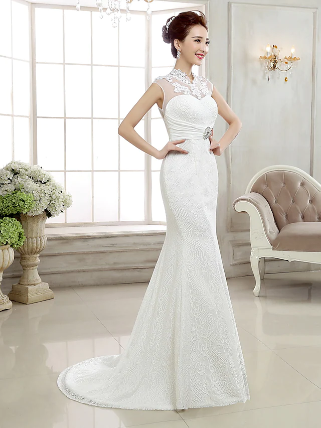Wedding Dresses High Neck Lace Cap Sleeve Sexy Illusion Detail Backless with Beading