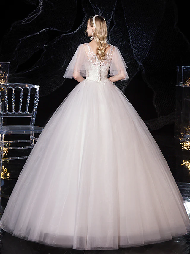 Princess Ball Gown Wedding Dresses V Neck Floor Length Lace Tulle Half Sleeve Formal Romantic