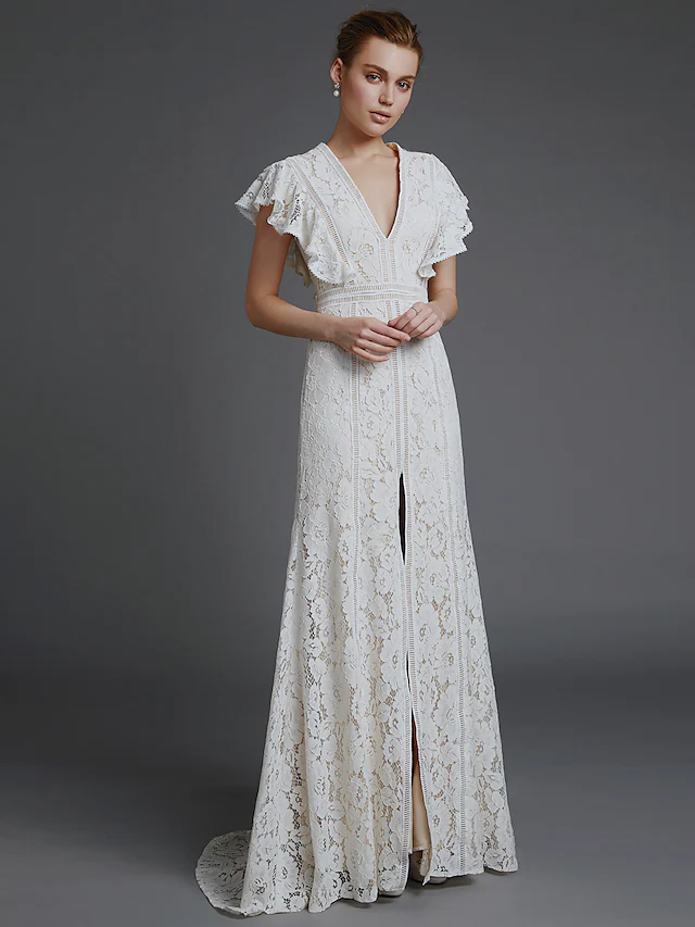 A-Line Long Wedding Dresses V Neck Lace Sleeveless Boho with Split Front