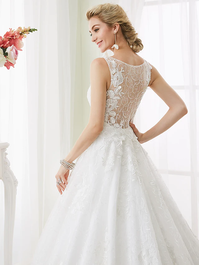 Ball Gown Wedding Dresses Bateau Neck Court Train Beaded Lace Regular Straps See-Through Beautiful Back with Beading