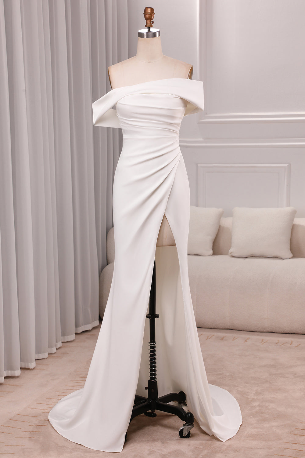 Ivory Mermaid Straight Neck Sweep Train Satin Bridal Dress with Slit Off Shoulder