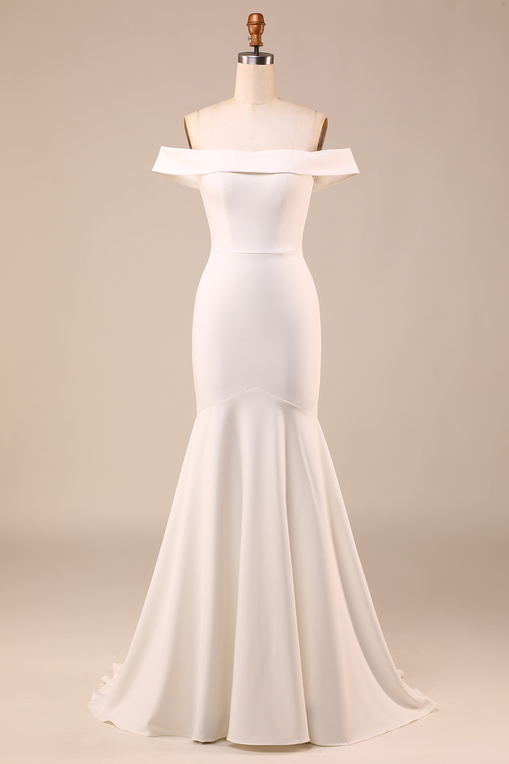 Ivory Mermaid Off The Shoulder Sweep Train Wedding Dress With Sleeveless Long