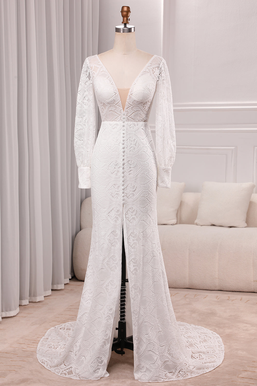 Ivory Sheath V-Neck Long Sleeves Backless Wedding Dress with Front Slit Sexy