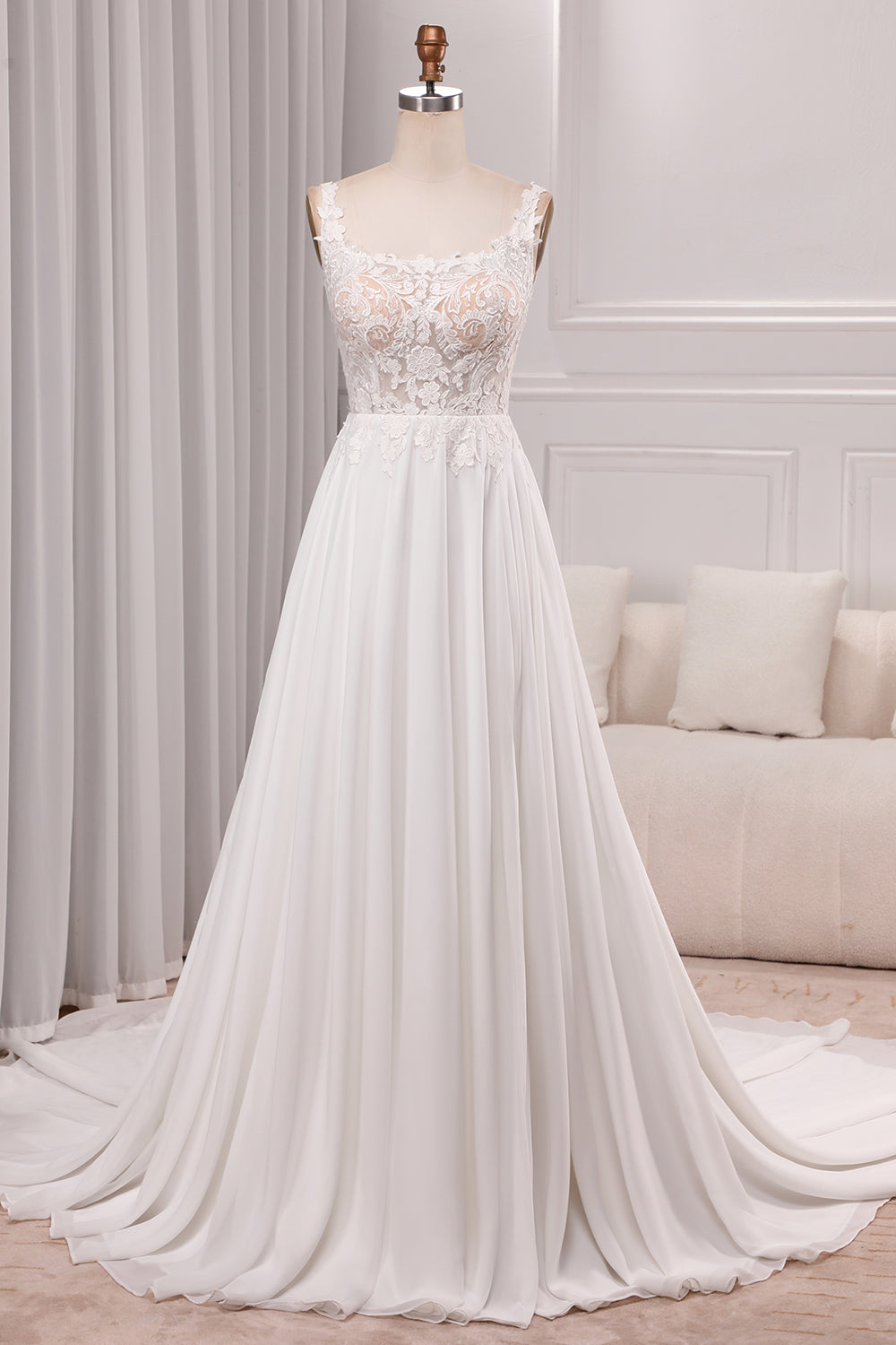 Ivory A Line Square Neck Corset Court Train Bridal Dress With Slit Long