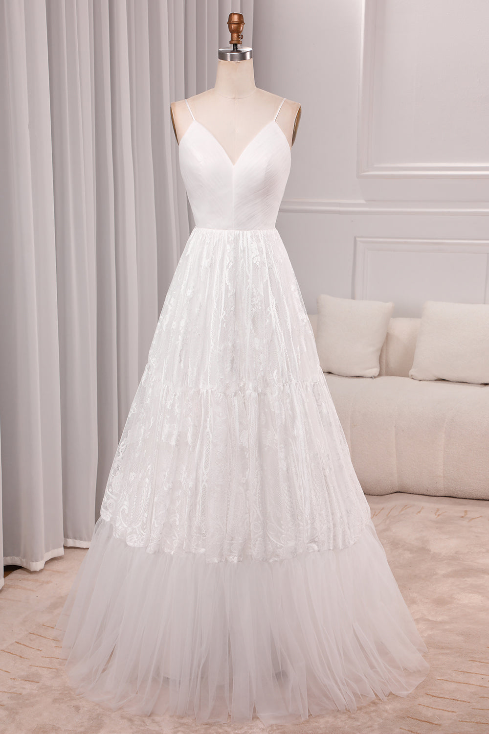 Ivory A Line Spaghetti Straps Long Bridal Dress With Appliqued Lace V-neck