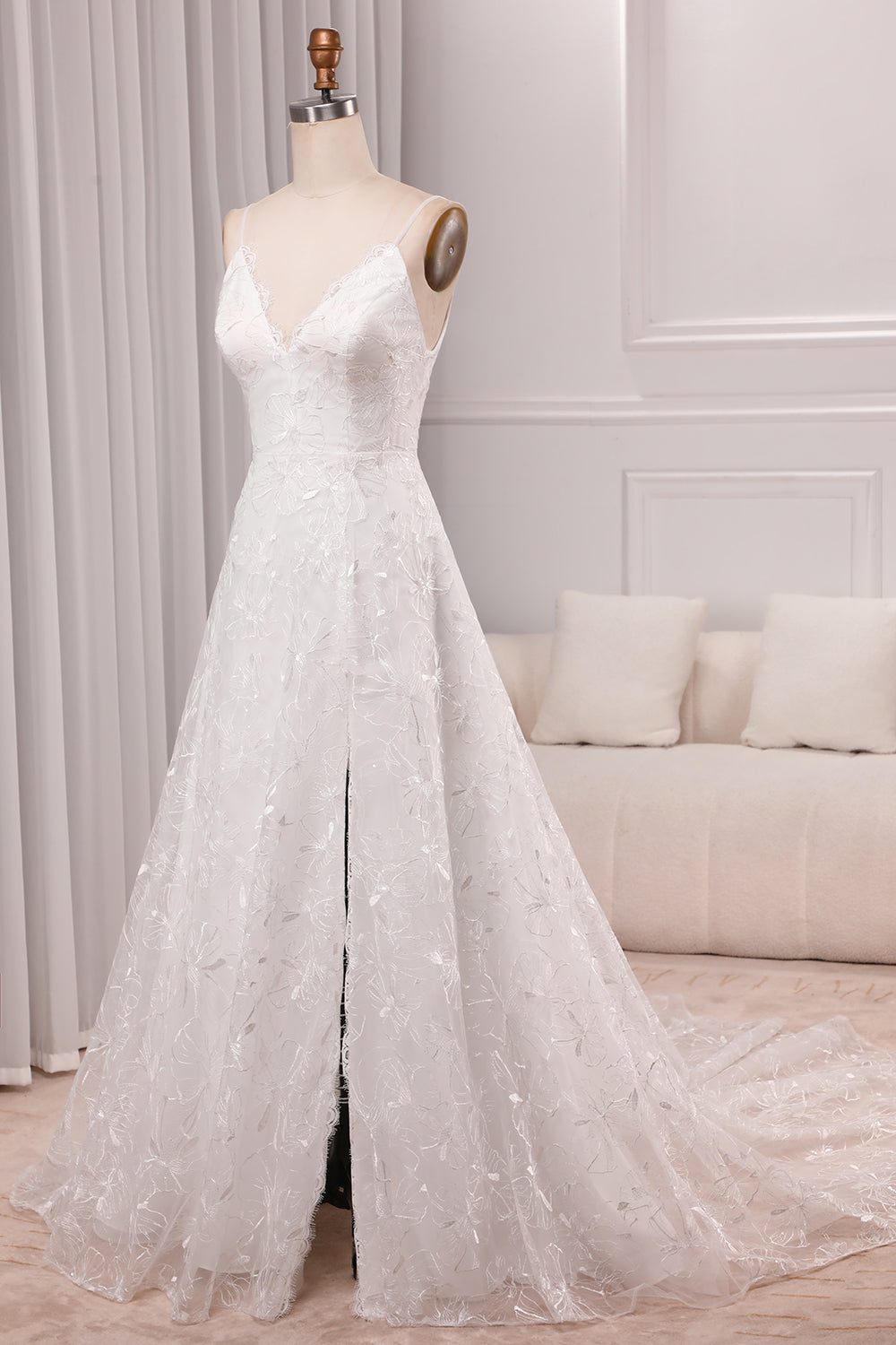 Ivory A Line Spaghetti Straps Lace Chapel Train Sparkly Bridal Dresses With Slit V-neck