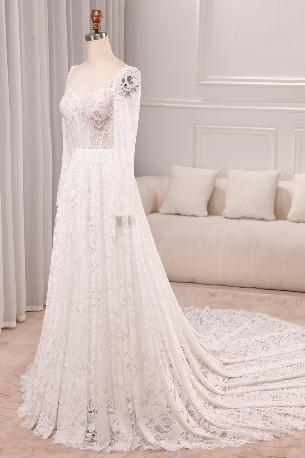 Ivory A Line Square Neck Corset Lace Chapel Train Bridal Dresses With Long Sleeves Beautiful