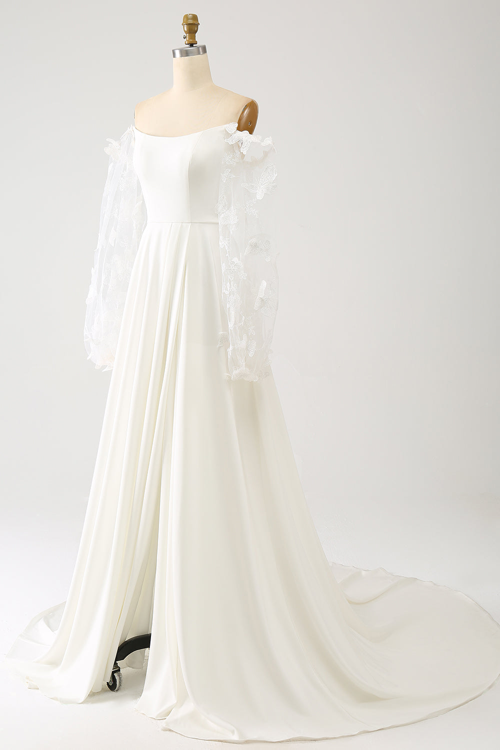Ivory A Line Off The Shoulder Bridal Dress With 3D Butterflies Long Sleeves Sexy