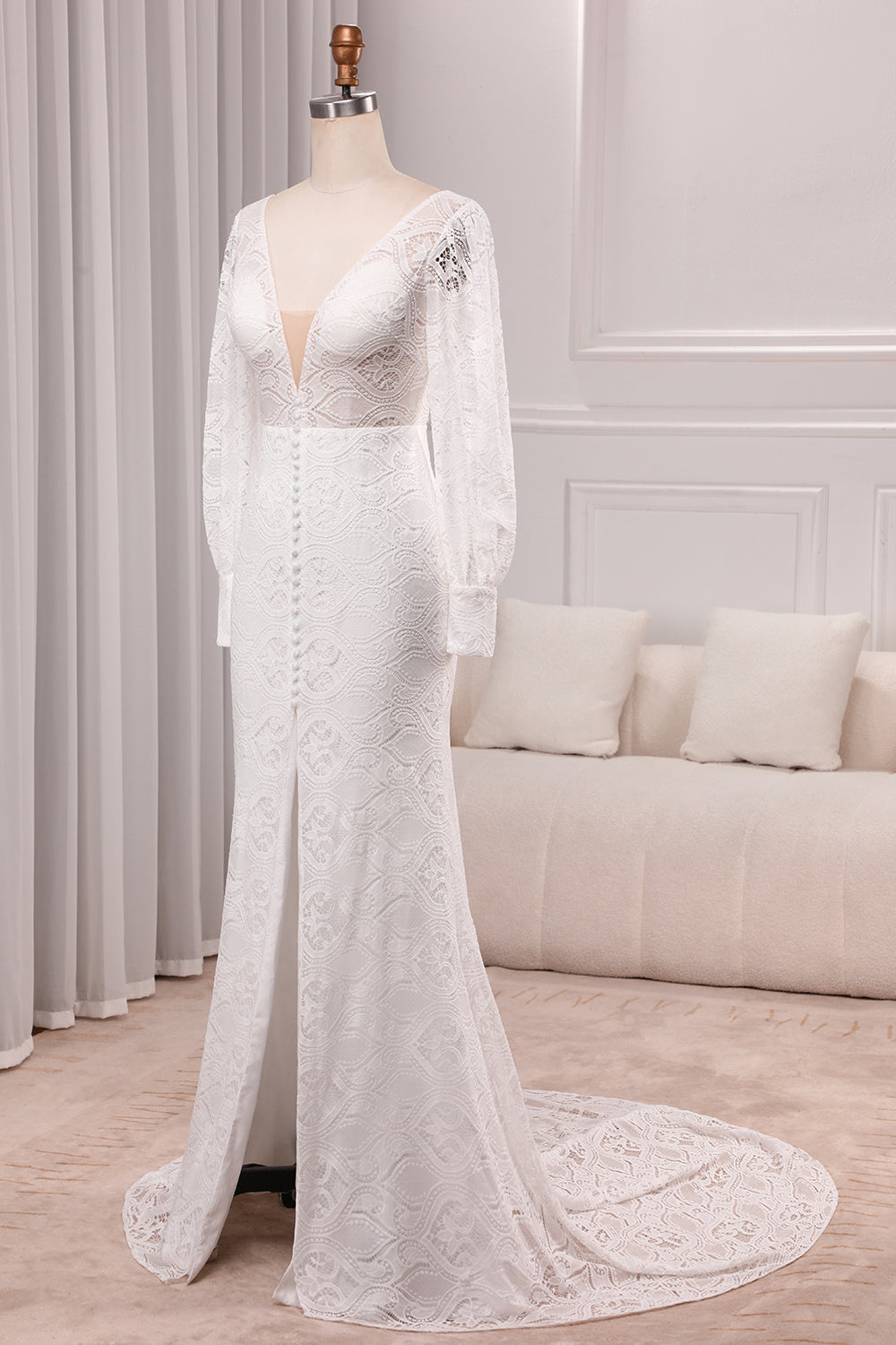 Ivory Sheath V-Neck Long Sleeves Backless Wedding Dress with Front Slit Sexy