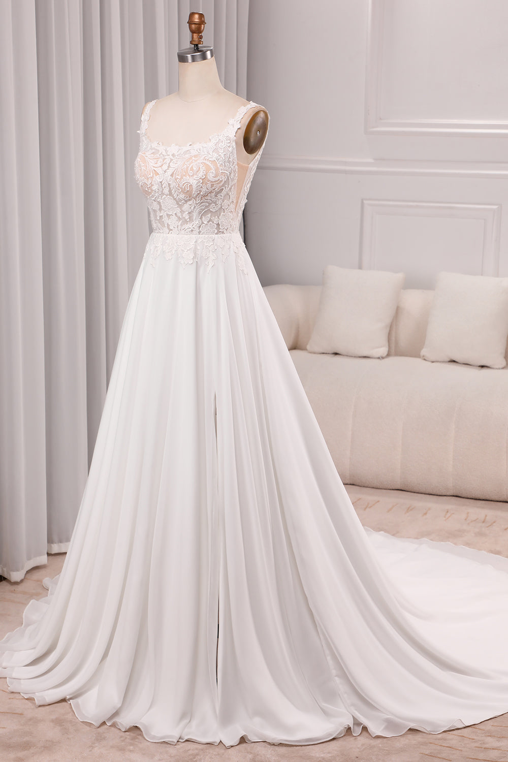 Ivory A Line Square Neck Corset Court Train Bridal Dress With Slit Long