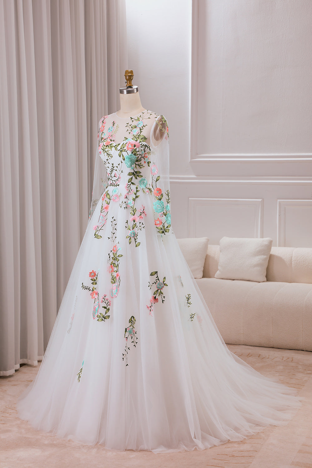 Ivory Flower A-Line Round Neck Tulle Wedding Dress with Long Sleeves Beautiful