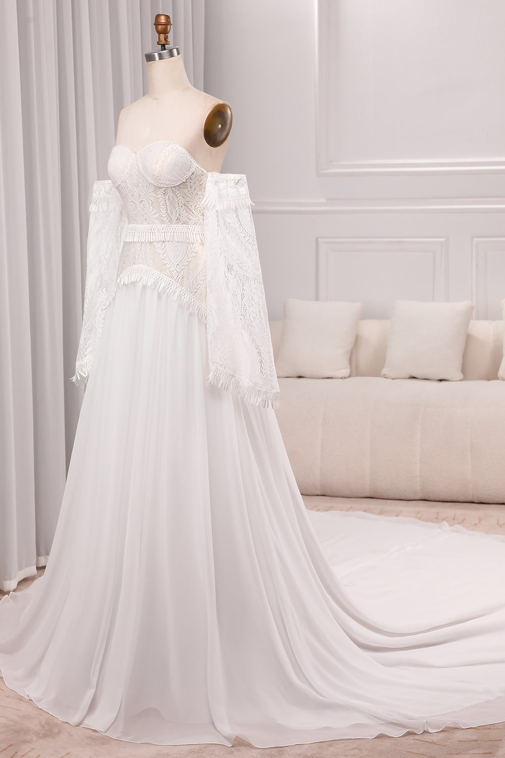 Ivory A Line Sweetheart Long Sleeves Chapel Train Wedding Dresses With Fringe Off Shoulder