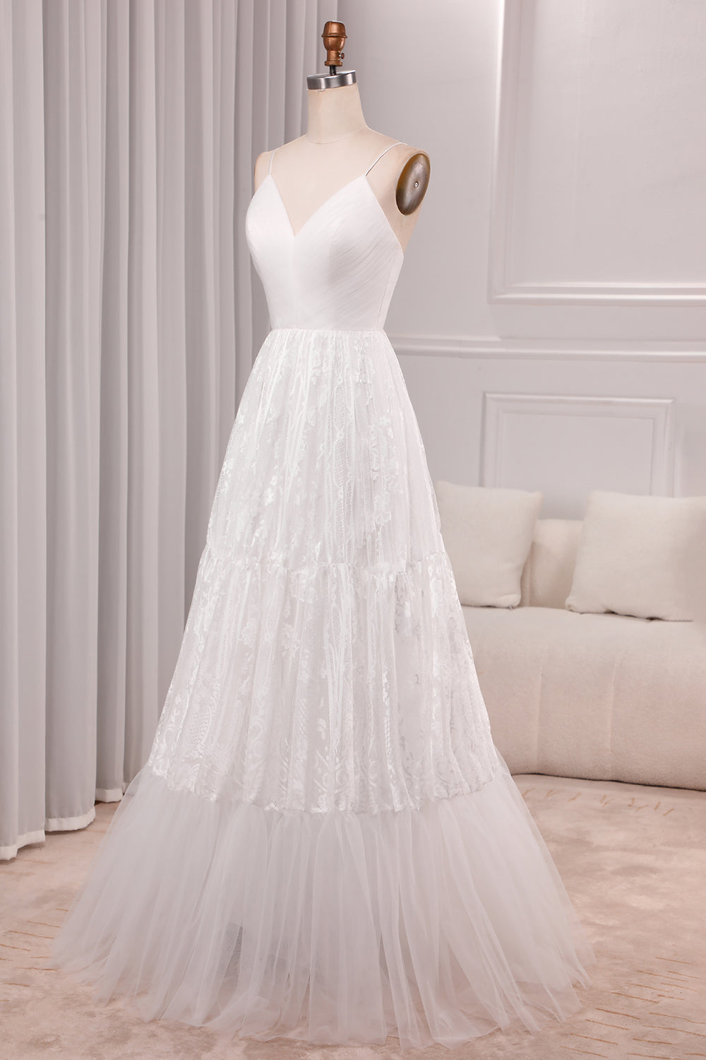 Ivory A Line Spaghetti Straps Long Bridal Dress With Appliqued Lace V-neck