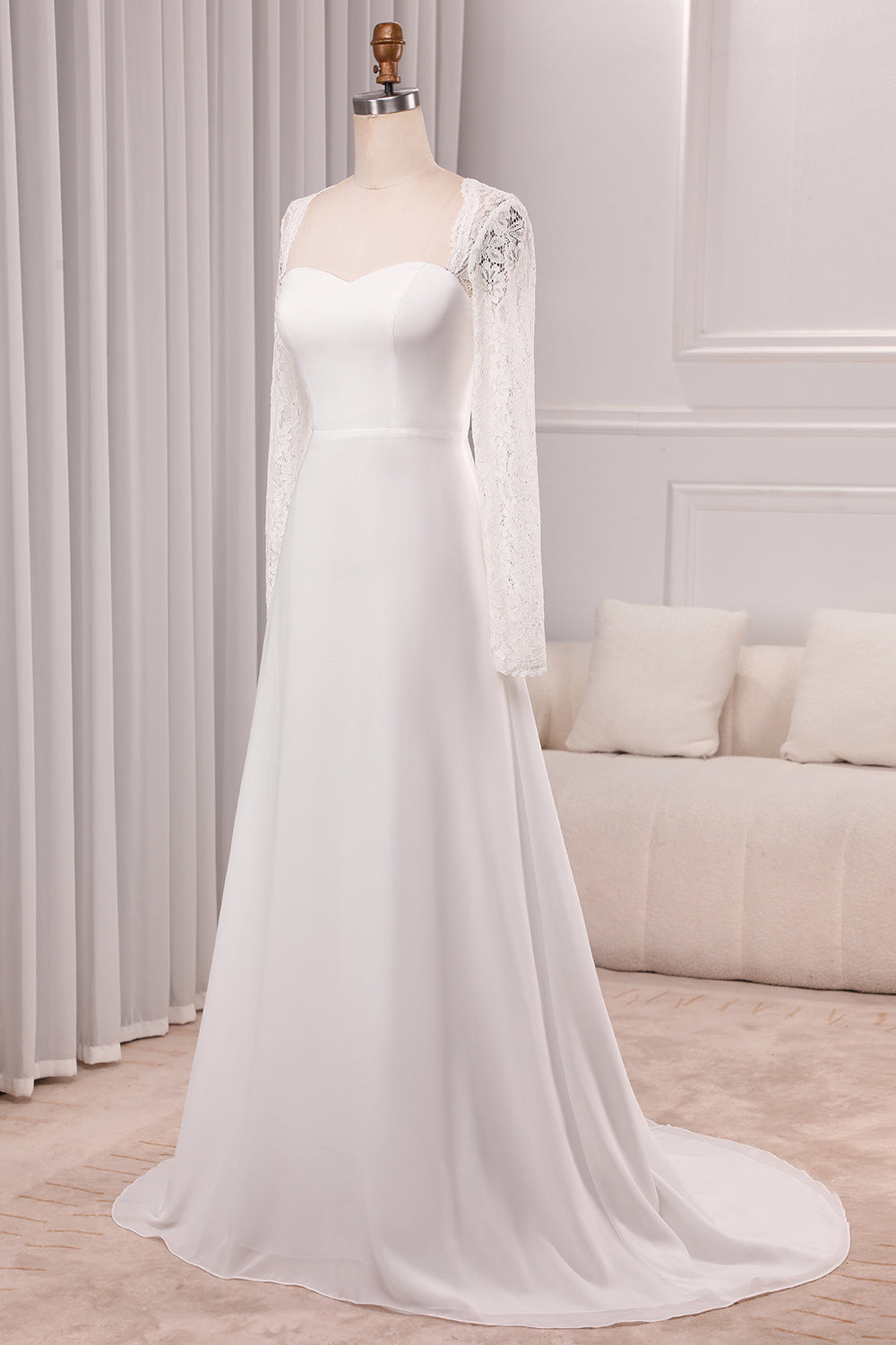 Ivory A-Line Square Neck Sweep Train Satin Bridal Dress with Long Sleeves Sexy