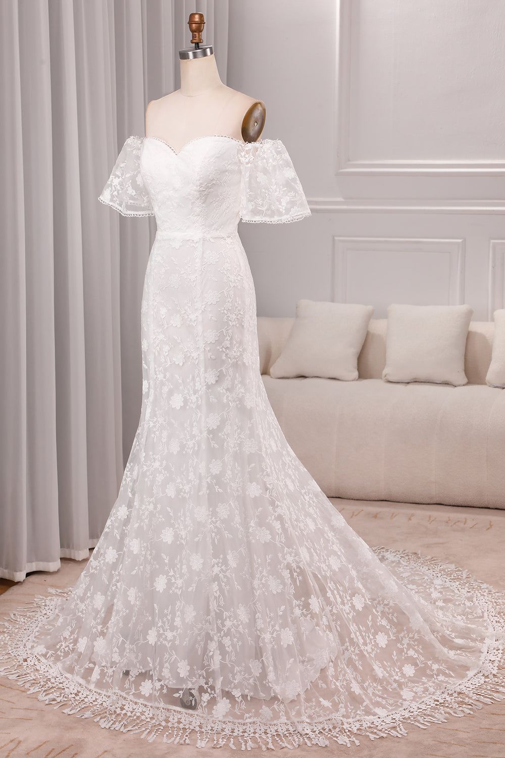 Ivory Mermaid Sweep Train Bridal Dress With Short Sleeves Off Shoulder