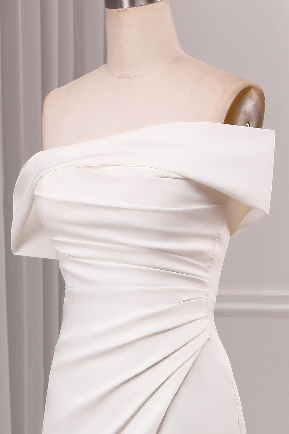 Ivory Mermaid Straight Neck Sweep Train Satin Bridal Dress with Slit Off Shoulder