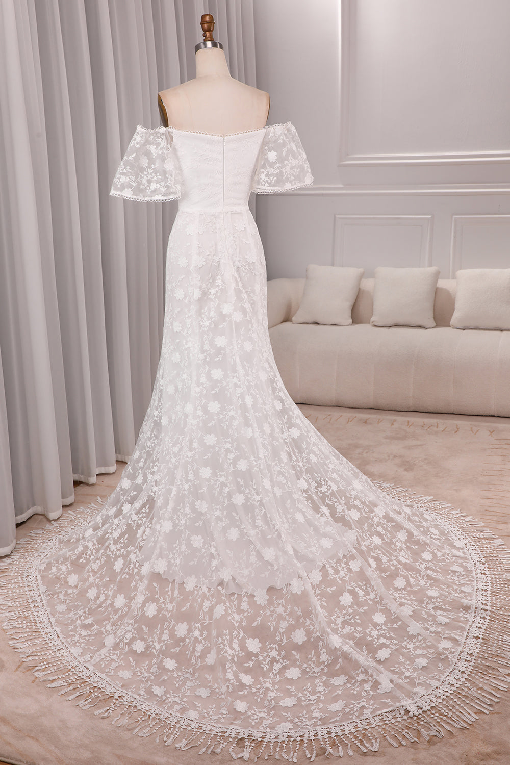 Ivory Mermaid Sweep Train Bridal Dress With Short Sleeves Off Shoulder