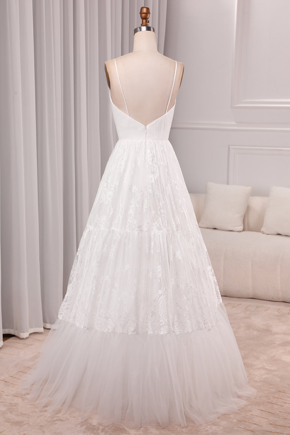 Ivory A Line Spaghetti Straps Long Bridal Dress With Appliqued Lace V-neck
