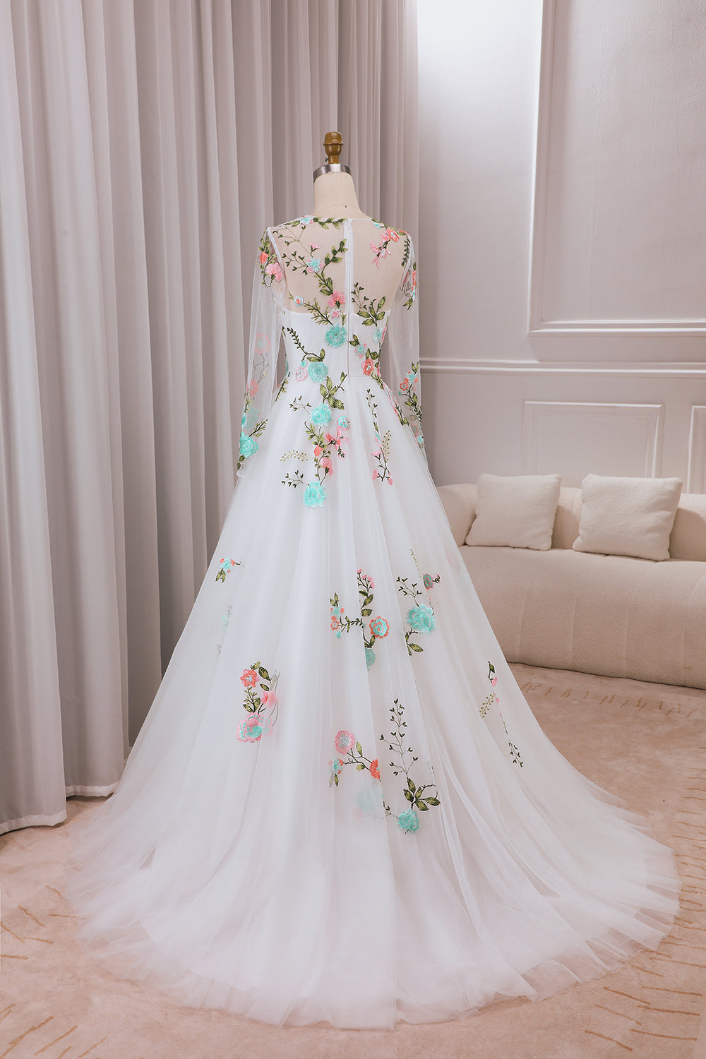 Ivory Flower A-Line Round Neck Tulle Wedding Dress with Long Sleeves Beautiful