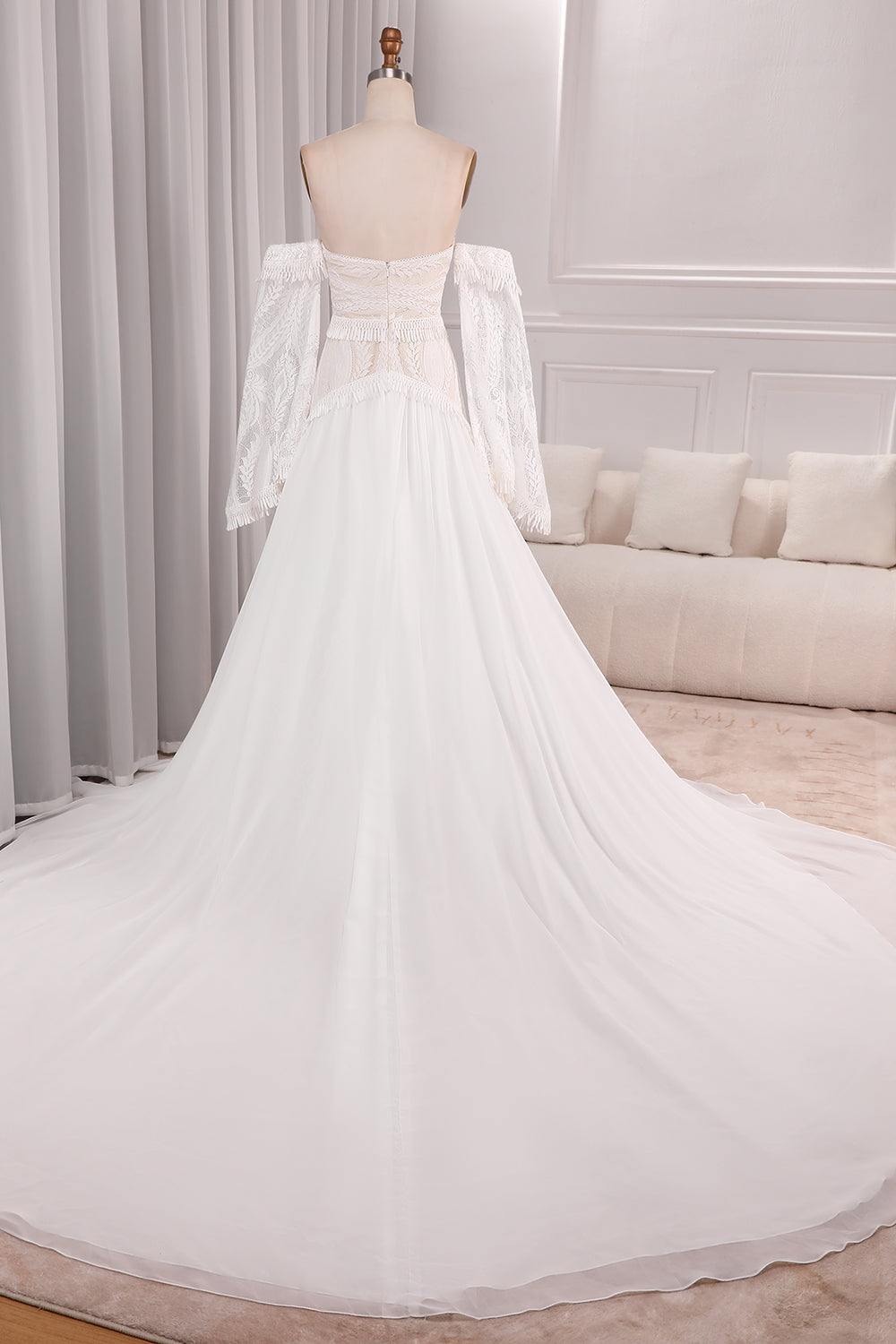 Ivory A Line Sweetheart Long Sleeves Chapel Train Wedding Dresses With Fringe Off Shoulder