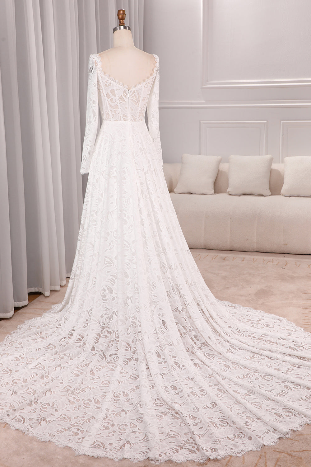 Ivory A Line Square Neck Corset Lace Chapel Train Bridal Dresses With Long Sleeves Beautiful
