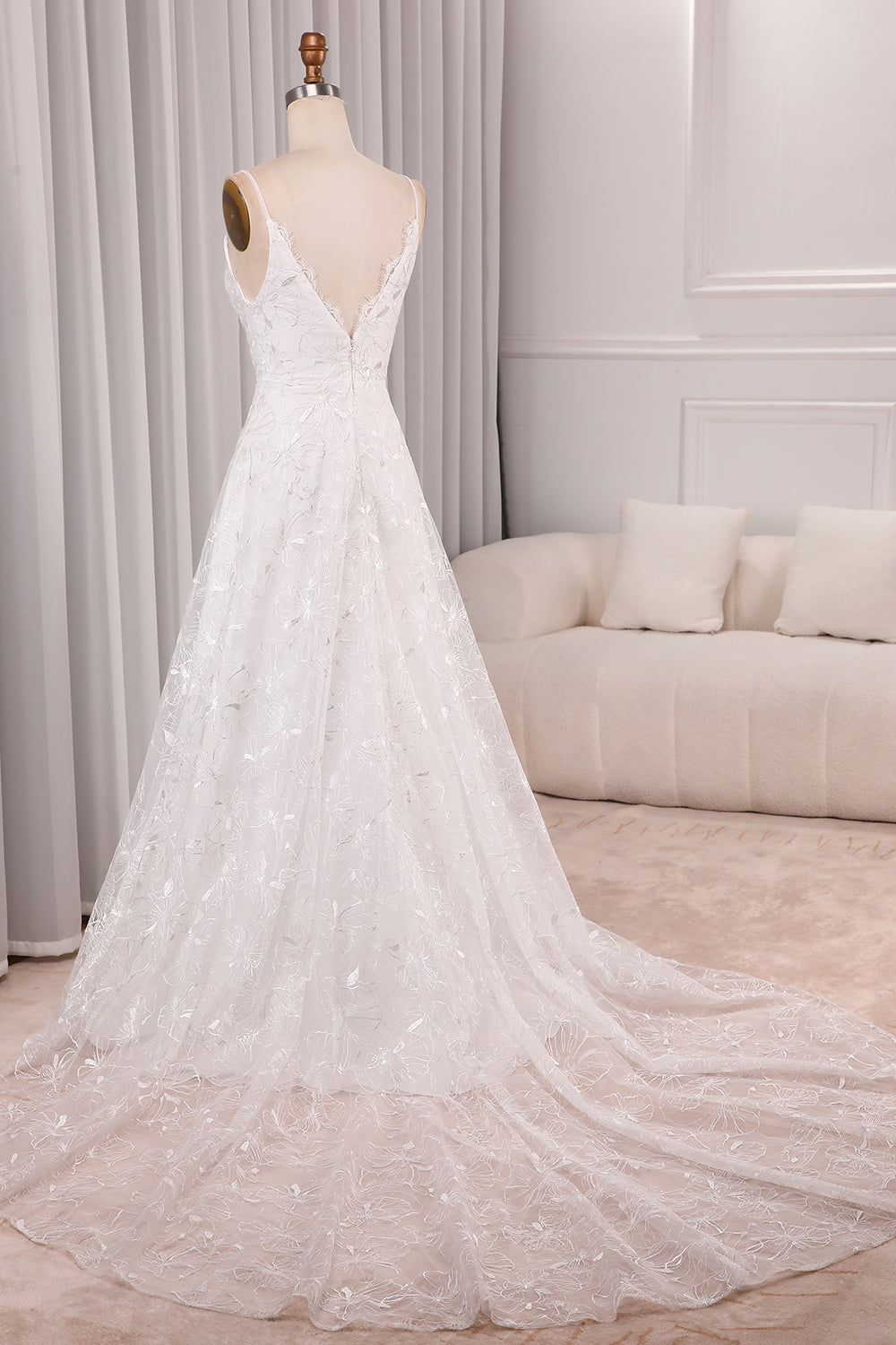 Ivory A Line Spaghetti Straps Lace Chapel Train Sparkly Bridal Dresses With Slit V-neck