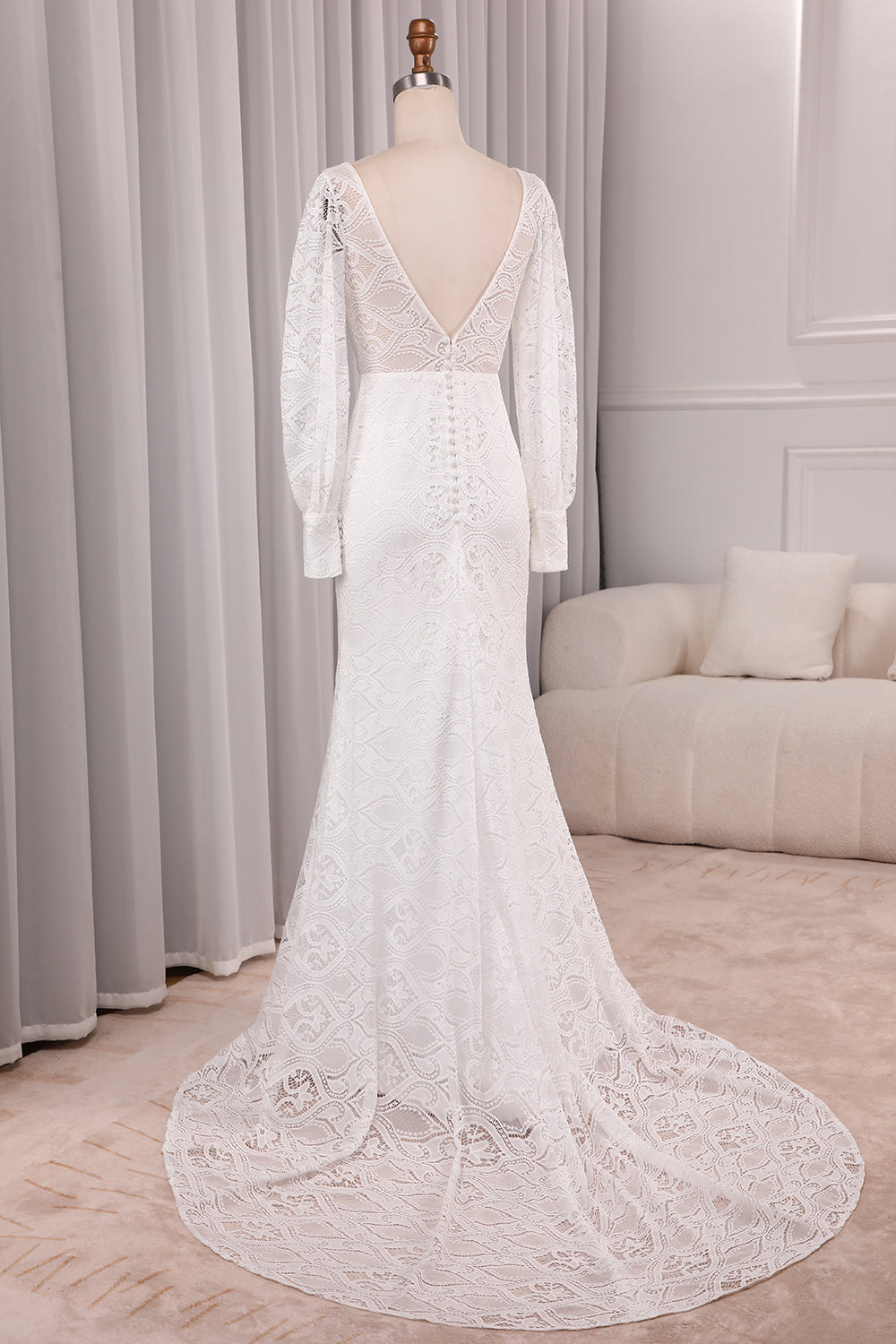 Ivory Sheath V-Neck Long Sleeves Backless Wedding Dress with Front Slit Sexy