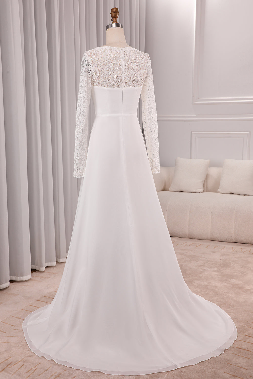 Ivory A-Line Square Neck Sweep Train Satin Bridal Dress with Long Sleeves Sexy