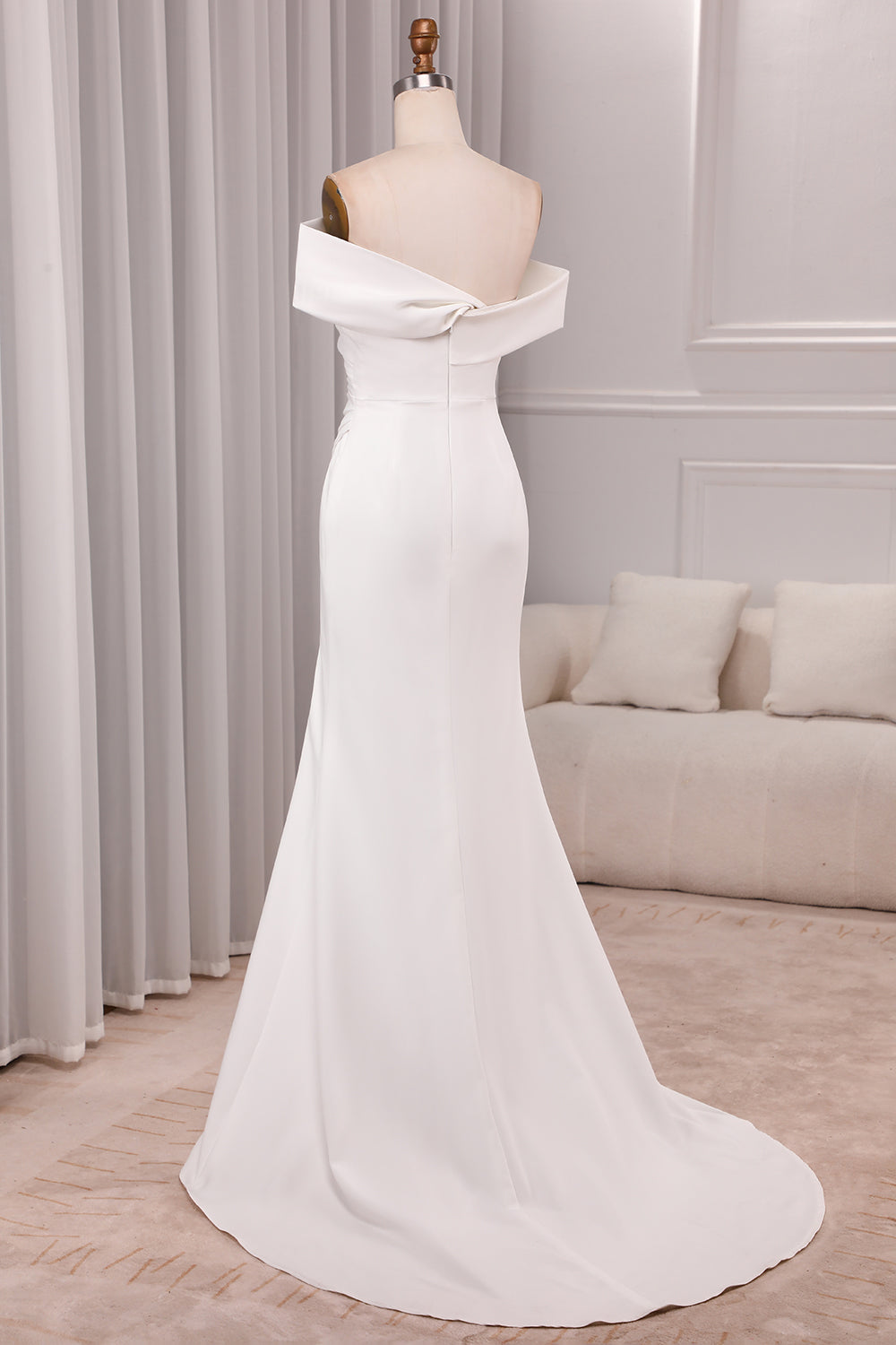 Ivory Mermaid Straight Neck Sweep Train Satin Bridal Dress with Slit Off Shoulder
