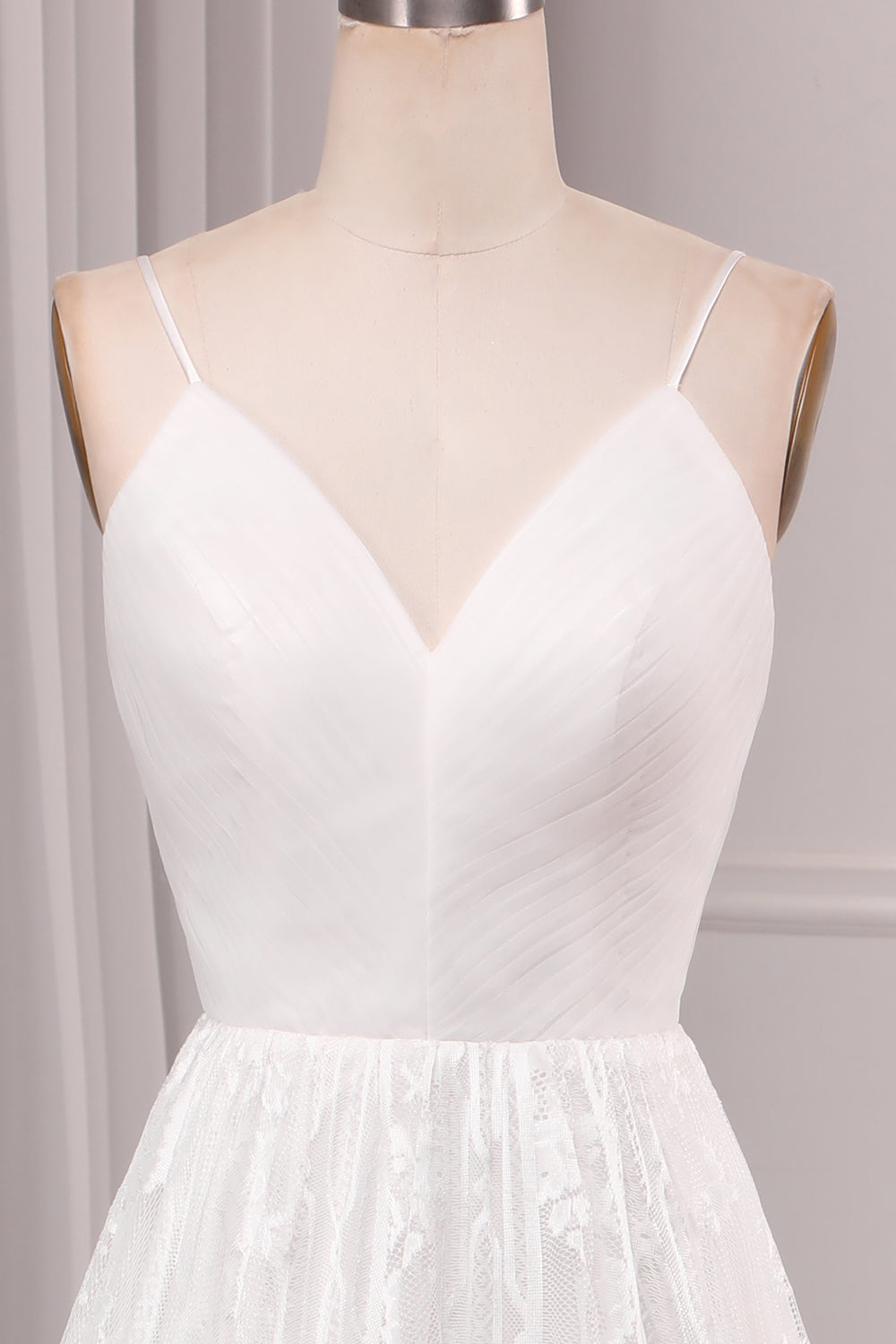Ivory A Line Spaghetti Straps Long Bridal Dress With Appliqued Lace V-neck