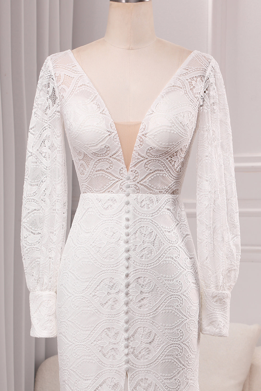 Ivory Sheath V-Neck Long Sleeves Backless Wedding Dress with Front Slit Sexy