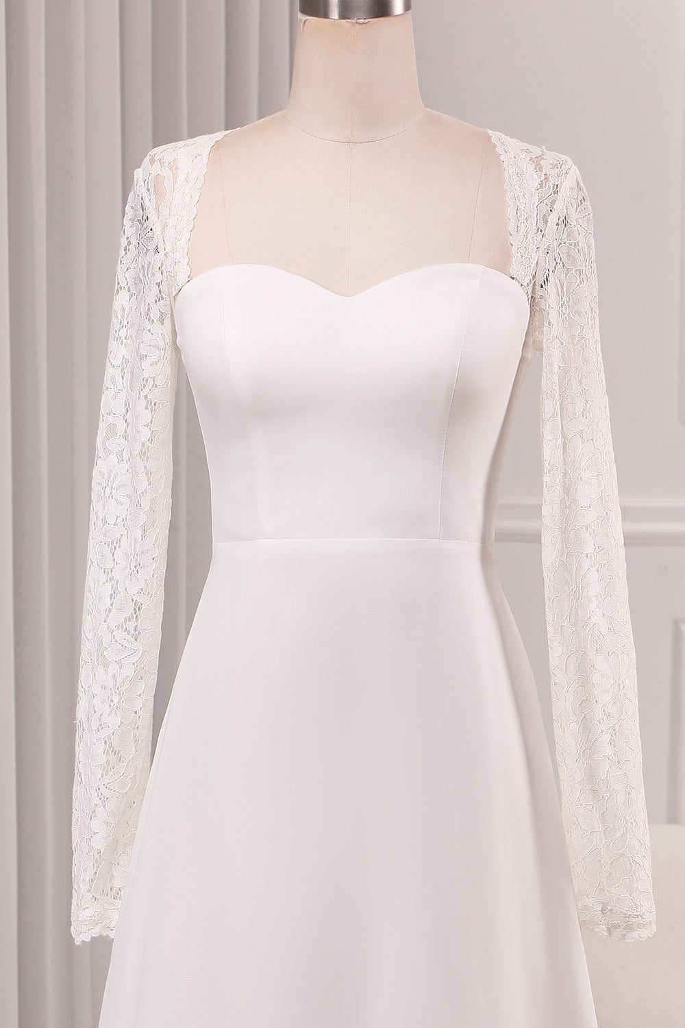 Ivory A-Line Square Neck Sweep Train Satin Bridal Dress with Long Sleeves Sexy